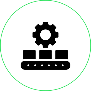 01 A green circle with a black icon of a machine and gear.